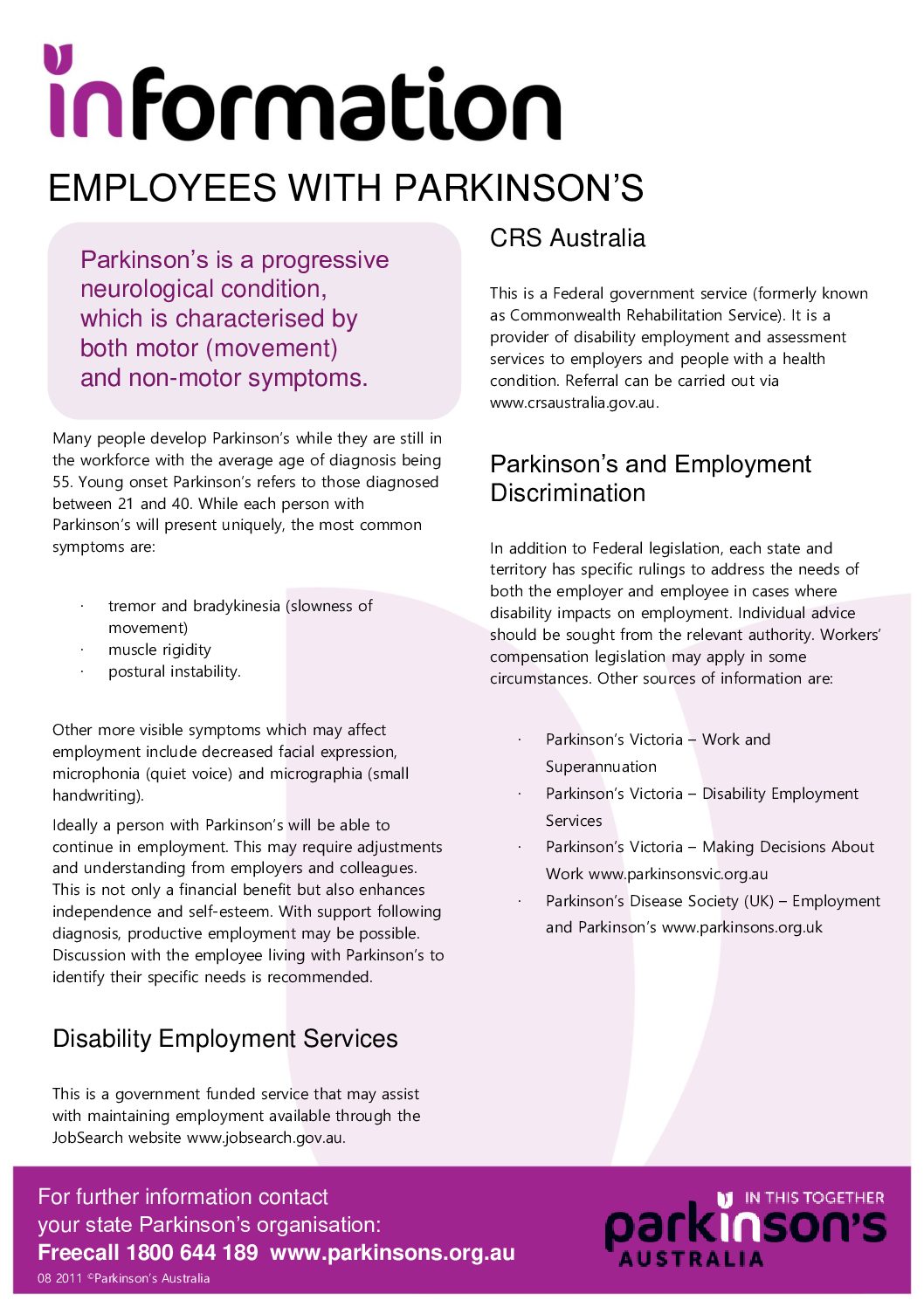 Fact Sheet 2 13 Employees With Parkinsons Parkinsons Nsw