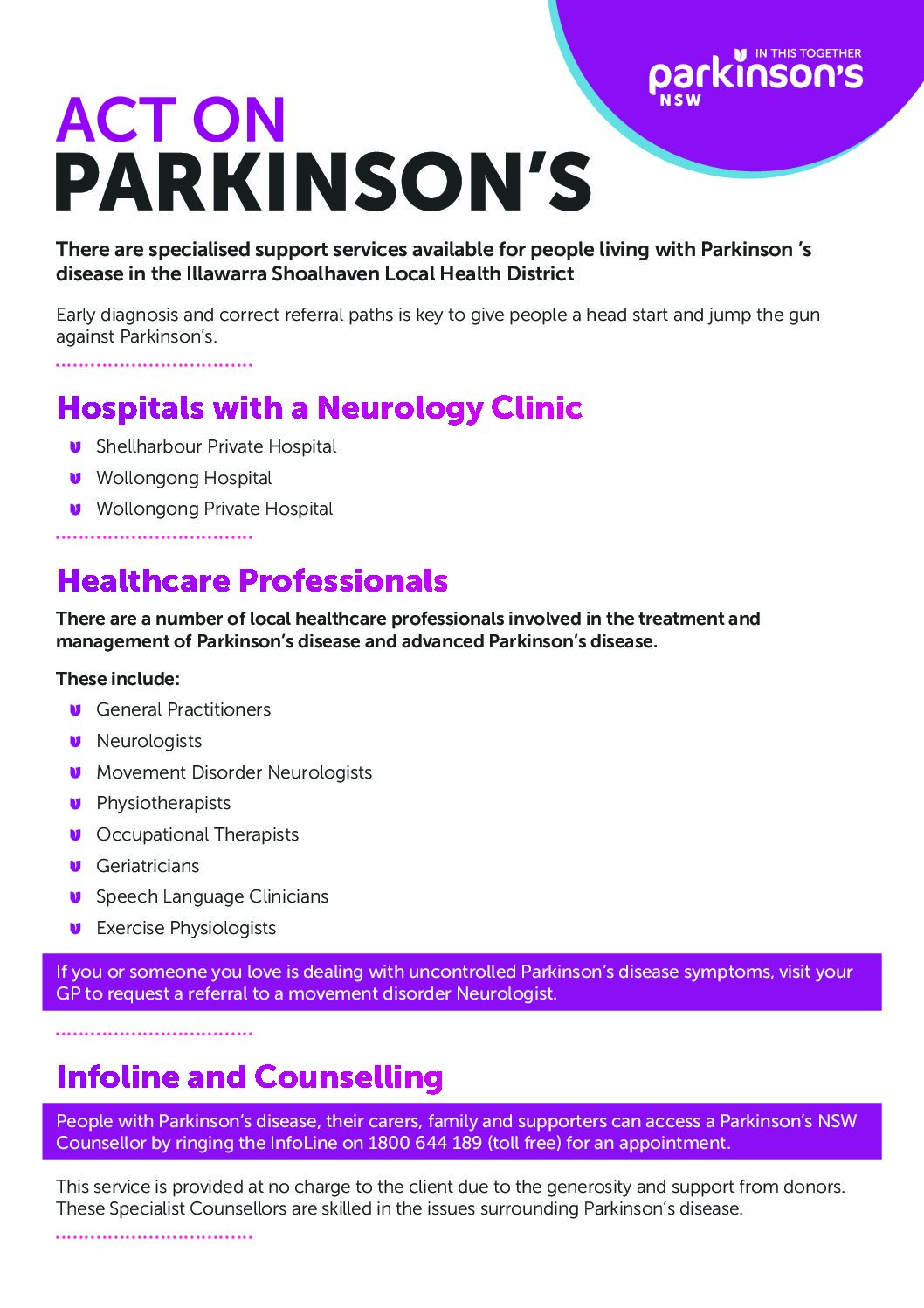 PARKNSW Act on Parkinsons Info Sheet FINAL Parkinsons NSW